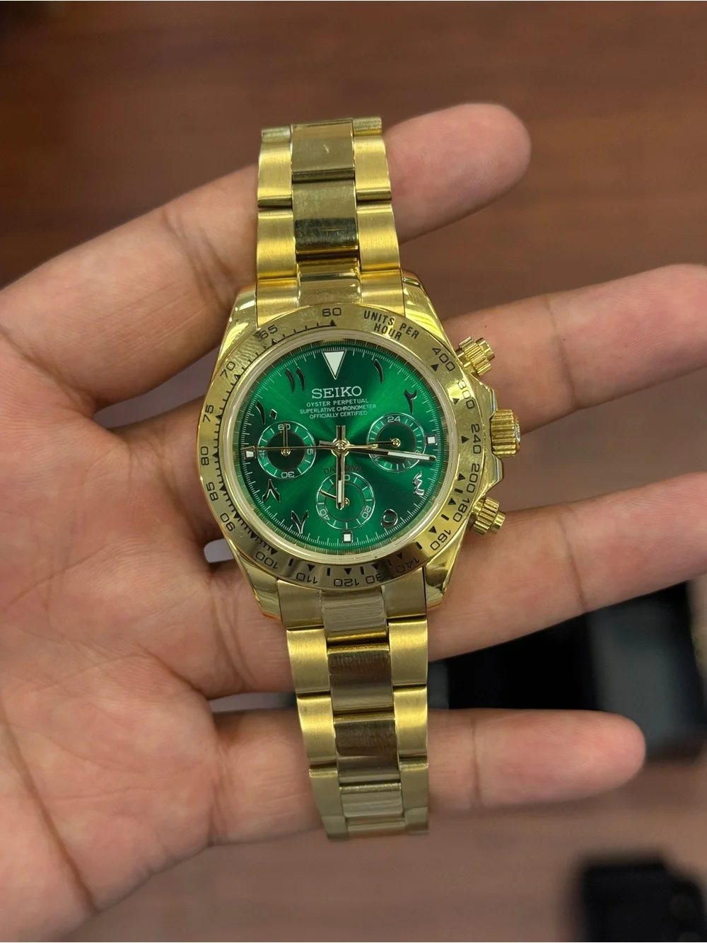 Seiko mod Gold Bracelet Chronograph with Green Dial Arabic Mens watch